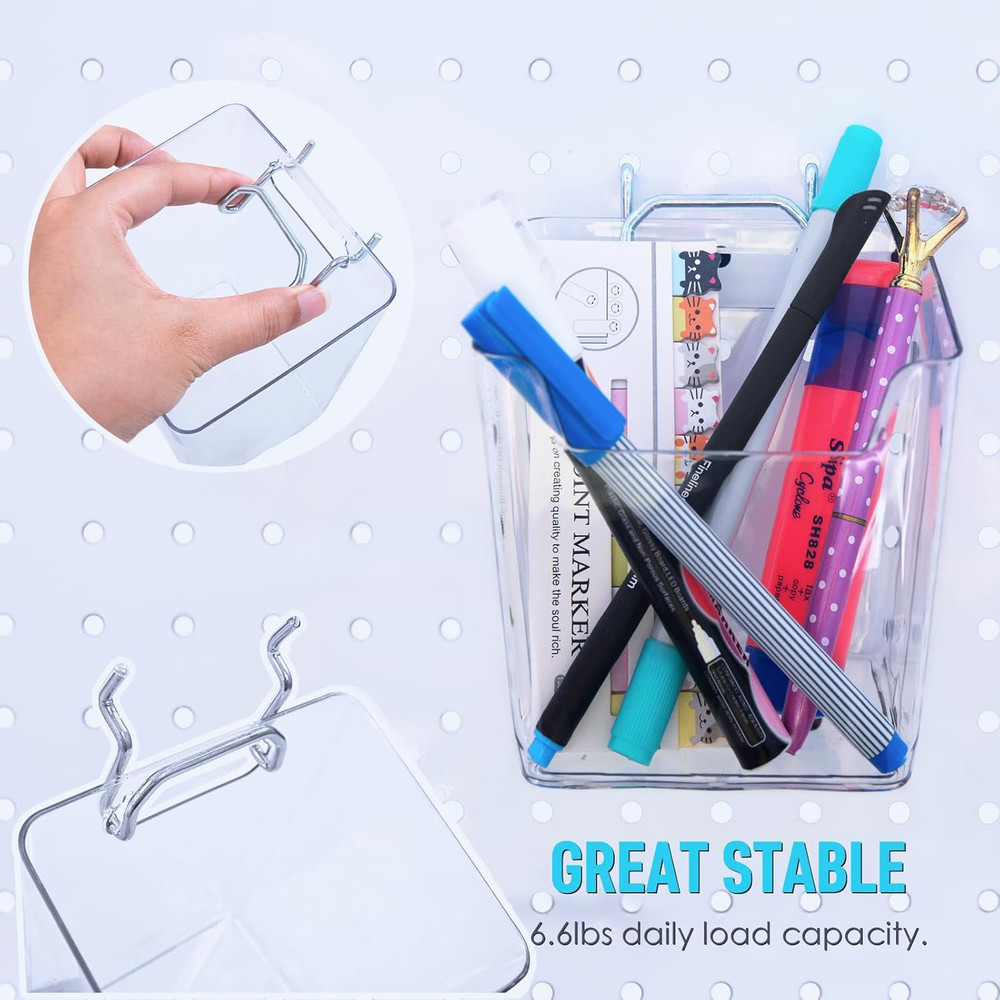G.CORE Large Pegboard Cups Peg Board Storage Bin 6 Pack with Hooks, Square Box S