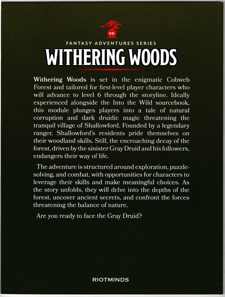 Withering Woods (D&D 5E) Adventure Module - RiotMinds Softcover - 5th Ed.