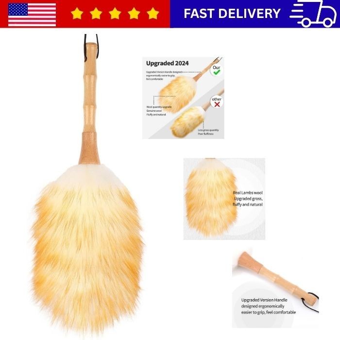 Feather Duster Lambswool Duster Cleaning,with Solid Wooden Handle,Leather Hang