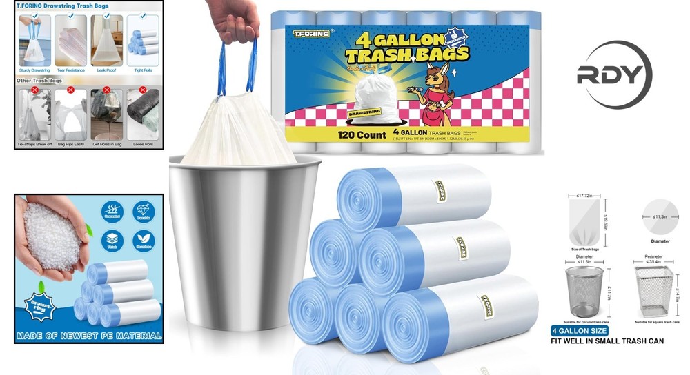 Strong & Leak-Proof 4 Gallon Drawstring Trash Bags - 120 Pack for Every Room