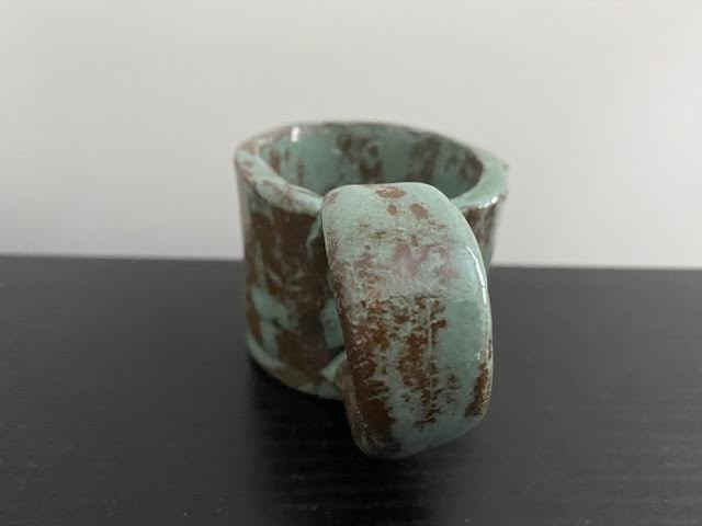 Pottery Handmade Candle Holder Handheld with Handle Rustic Blue Brown Small