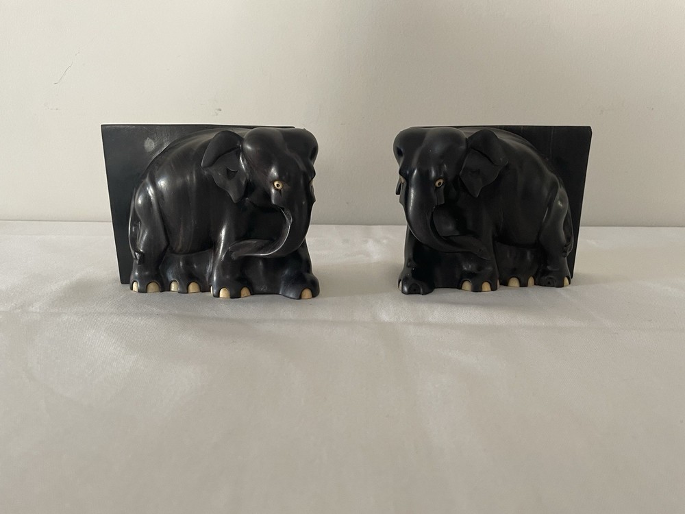 Elephant Bookends - Ebony Carved - Antique