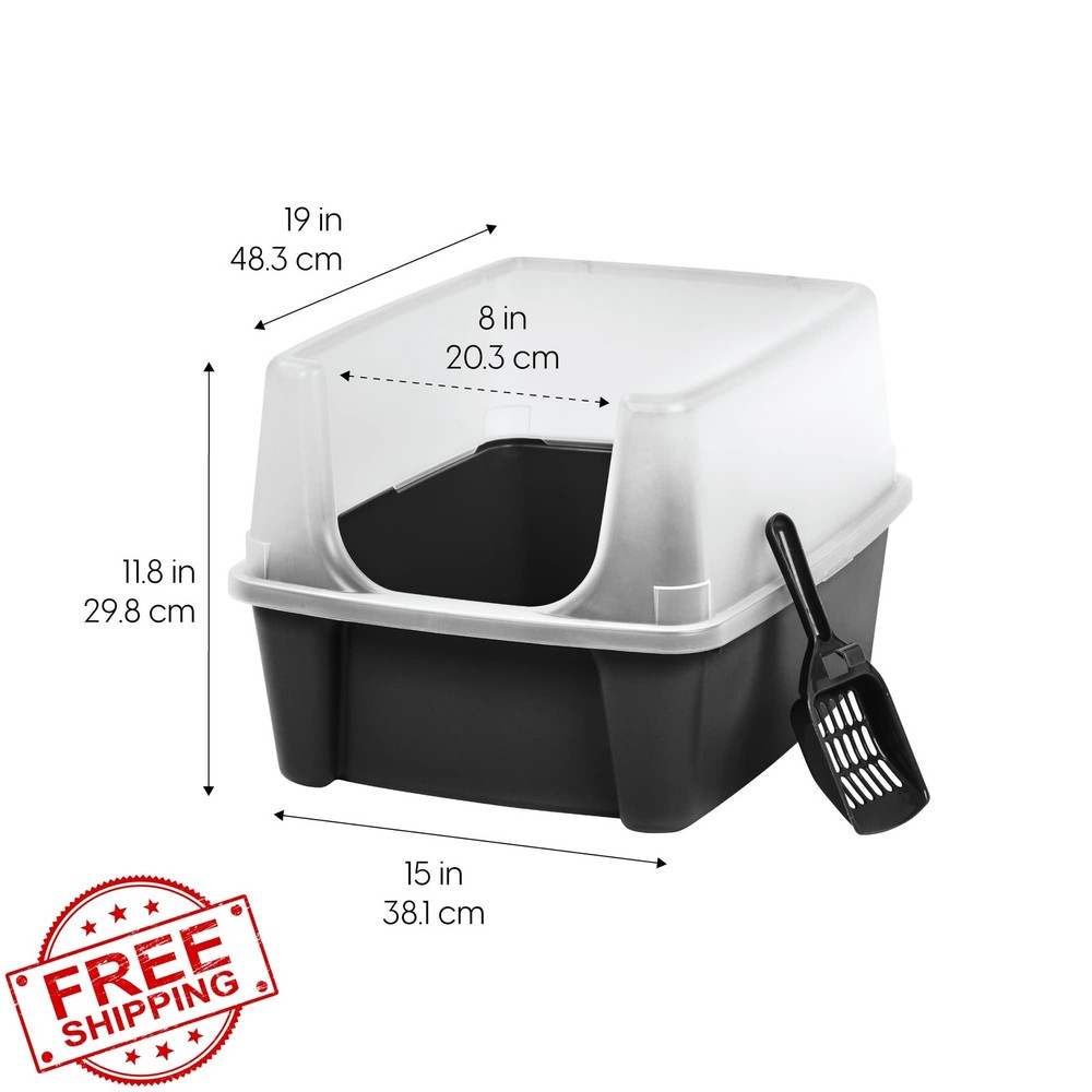 IRIS USA Large Black Open Top Cat Litter Box with Scoop