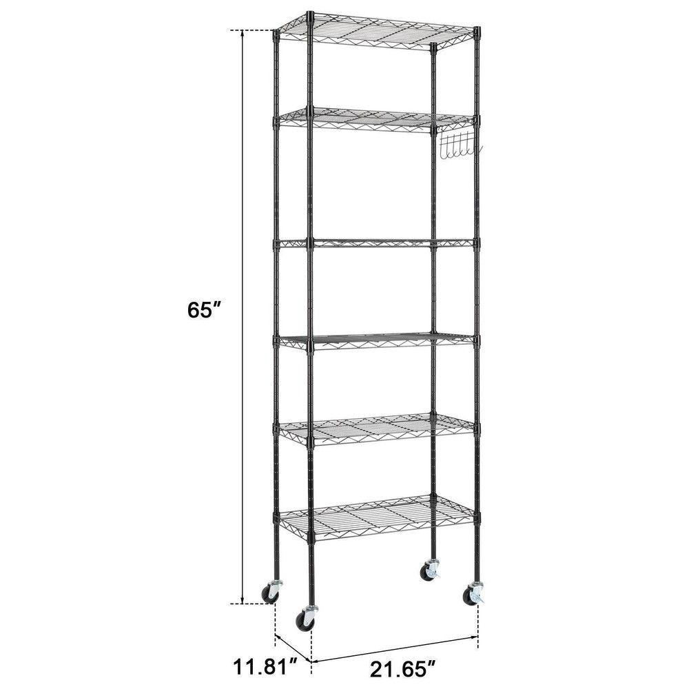 65" Adjustable Rolling Storage Rack 6-Tier Wire Shelving Unit with Hanging Hooks