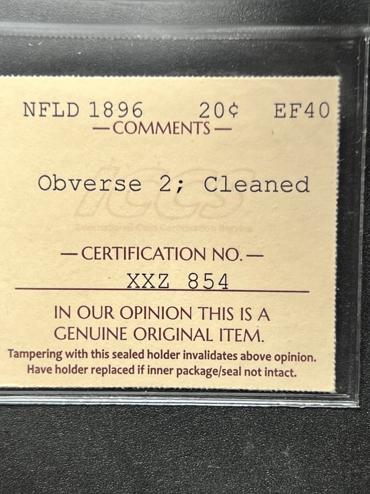 Newfoundland 1896 20 cent Graded ICCS EF-40