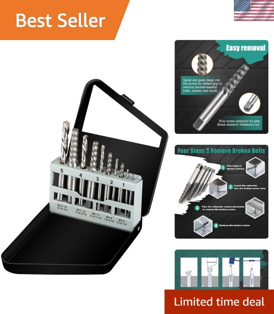 Durable Screw Extractor and Left Hand Drill Bit Set - 10-Piece HSS M2 Quality