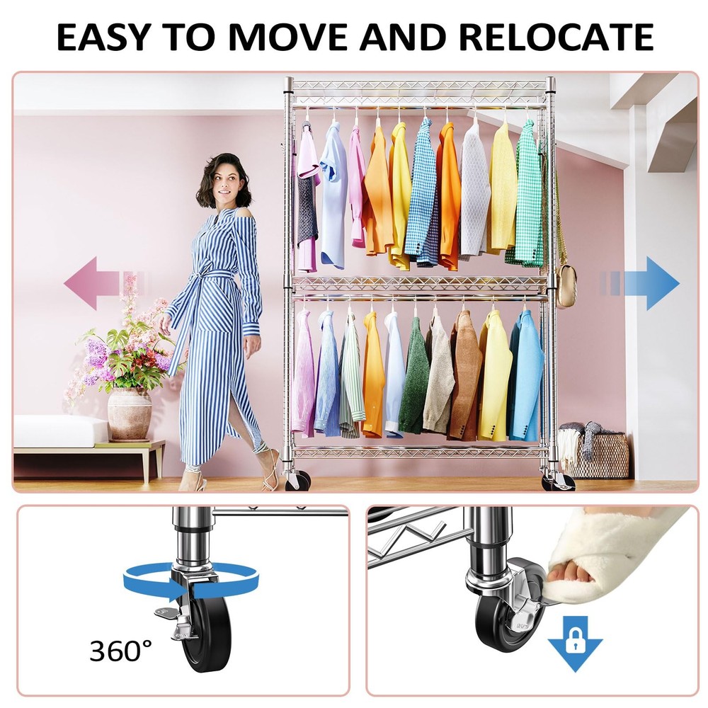 Heavy Duty Rolling Garment Rack Wire Clothes Rack for Hanging Clothes (Chrome...