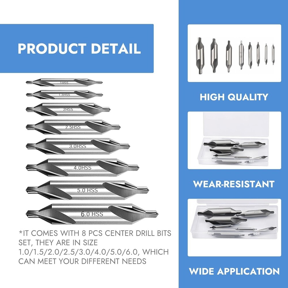 8 PCS Center Drill Bits Set, Countersink Tools for Lathe Metalworking 60 Degree.
