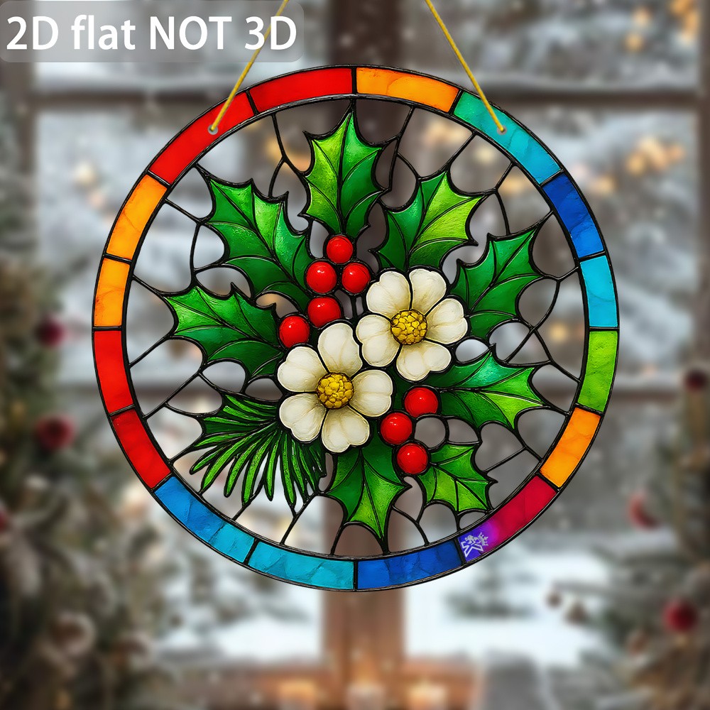Christmas Holly Acrylic Panel Suncatcher White Flowers Pattern Hanging Decor