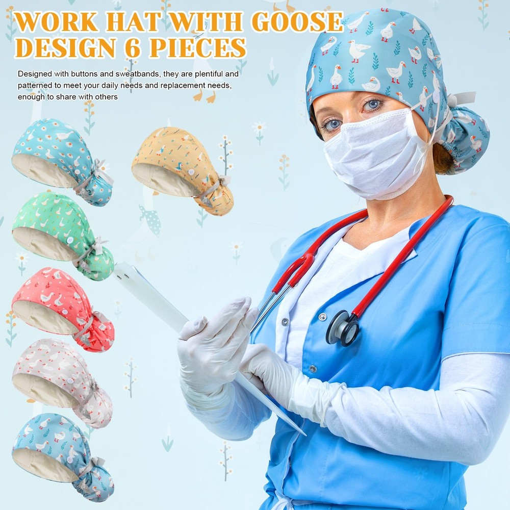 6 Pcs Satin Lined Working Hat Scrub Caps Adjustable Tie Back Bouffant Hats wi...