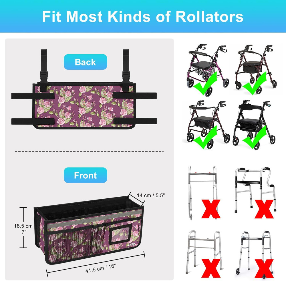 Rollator Basket, Rollator Walker Bag W/Cup Holder, Foldable Rolling Walker Wate