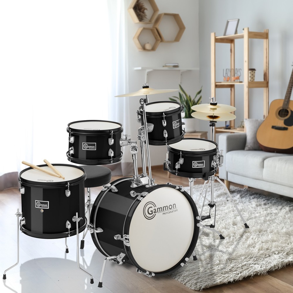 OPEN BOX - 5-Piece Beginner Junior Drum Set w/ Stool & Stands - Black