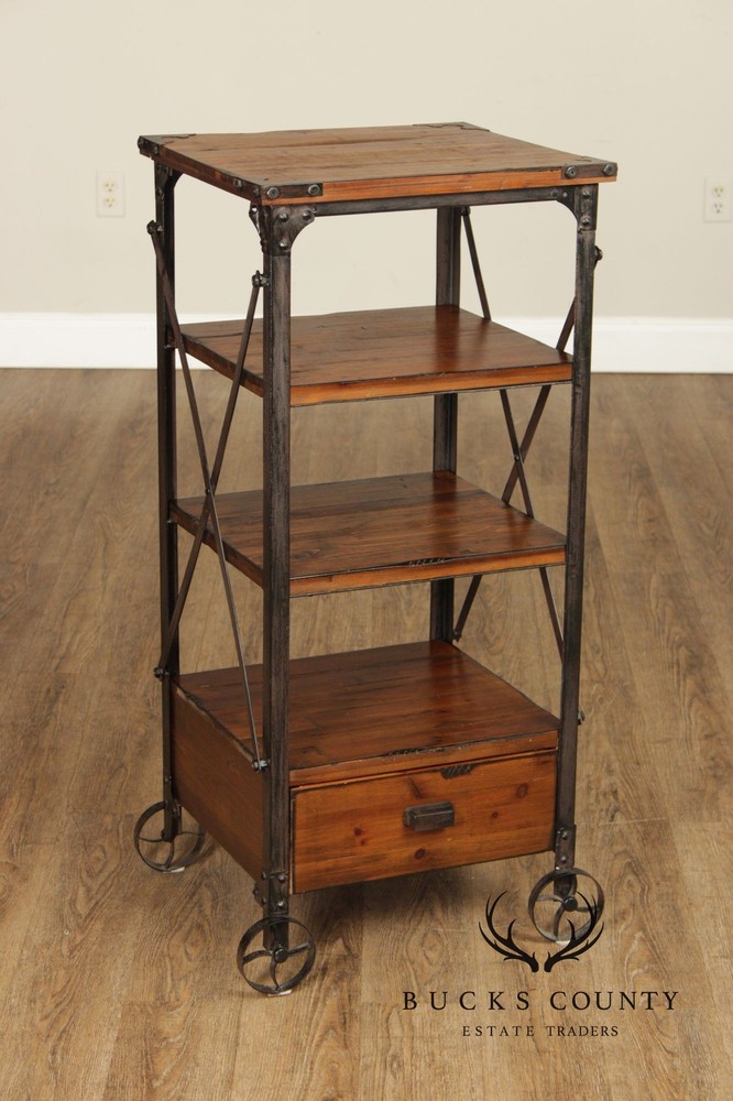 Industrial Rustic Pine And Iron Rolling Shelf With Drawer