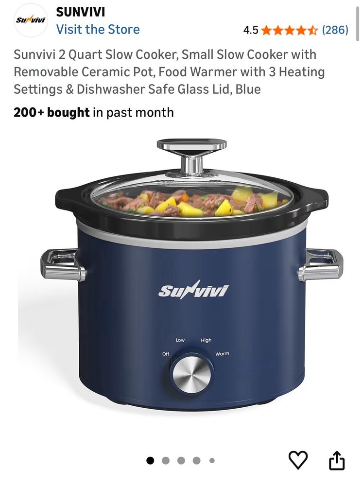 2 Quart Slow Cooker Small Removable Ceramic Pot 3 Heat Settings Blue