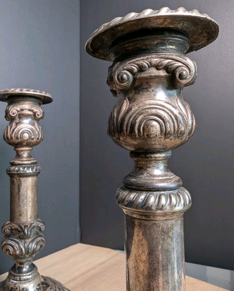 Antique Georgian Silver Old Sheffield Plate Telescoping Tall Candlesticks