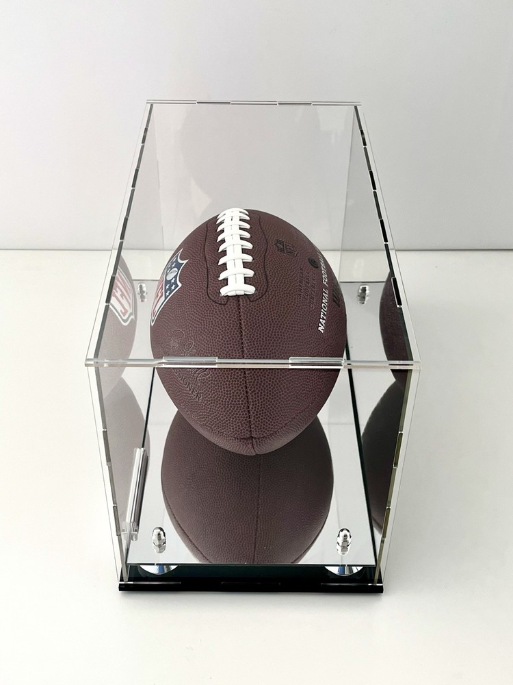 Acrylic Football Display Case with Back Mirror, Silver Cone Risers & Mirror Base