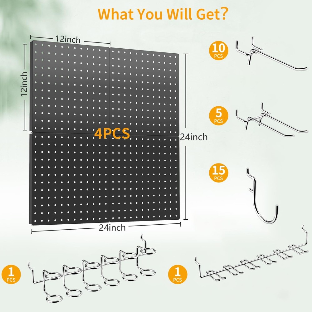 Peg Board, 4 Pack Metal Pegboard Kit,Black Pegboard Wall Organizer with 32 Pc...
