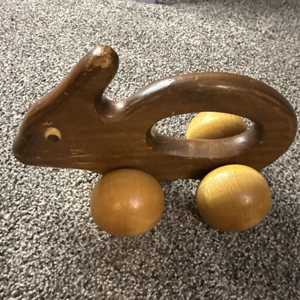 Vintage Wood Pull Toy Rabbit Bunny Push Wheel 2 Tone Rolling 8”