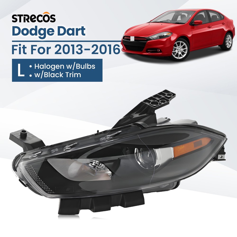 Halogen Headlight For 2013-2016 Dodge Dart w/Bulb w/Black Trim Driver Left Side