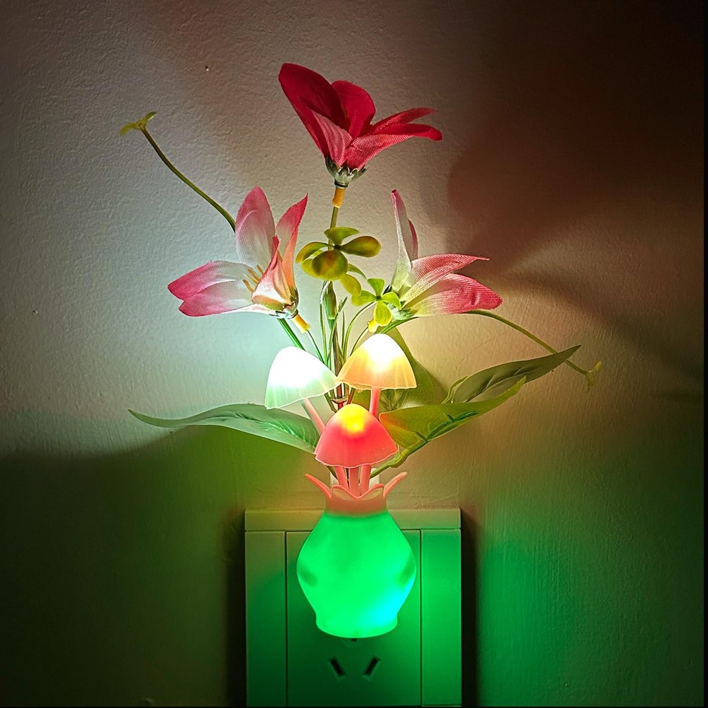 Plug-in Night Light with Auto Light Sensor, RGB LED Mushroom Night Light Wall...