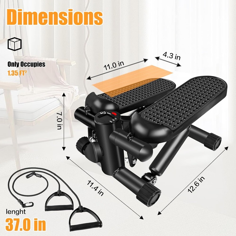 Multi-functional Stepper with LCD Display & Detachable Resistance Bands, Black