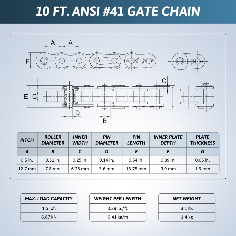 10ft Gate Opener Chain Replacement Steel 41 Roller Chain with 2 Connecting Links