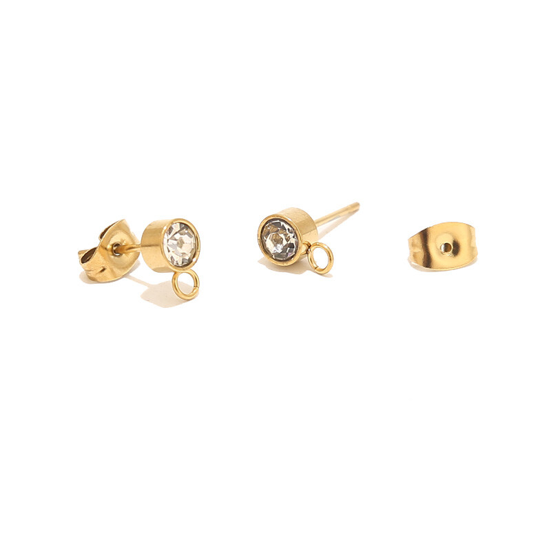 Stainless Steel Clear Rhinestone Earring Posts Gold Ear Studs with Loop 50pcs
