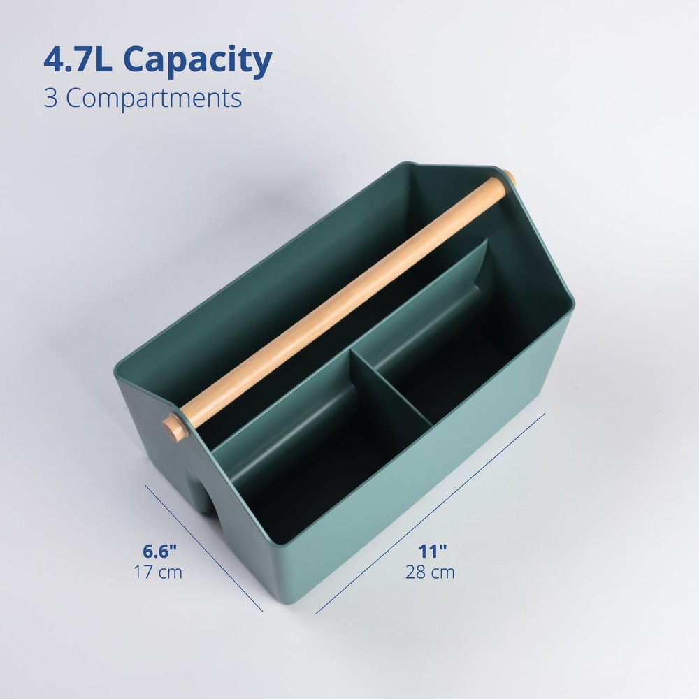 Medium Storage Basket – Plastic Caddy with Wooden Handle for Office, Arts & C...