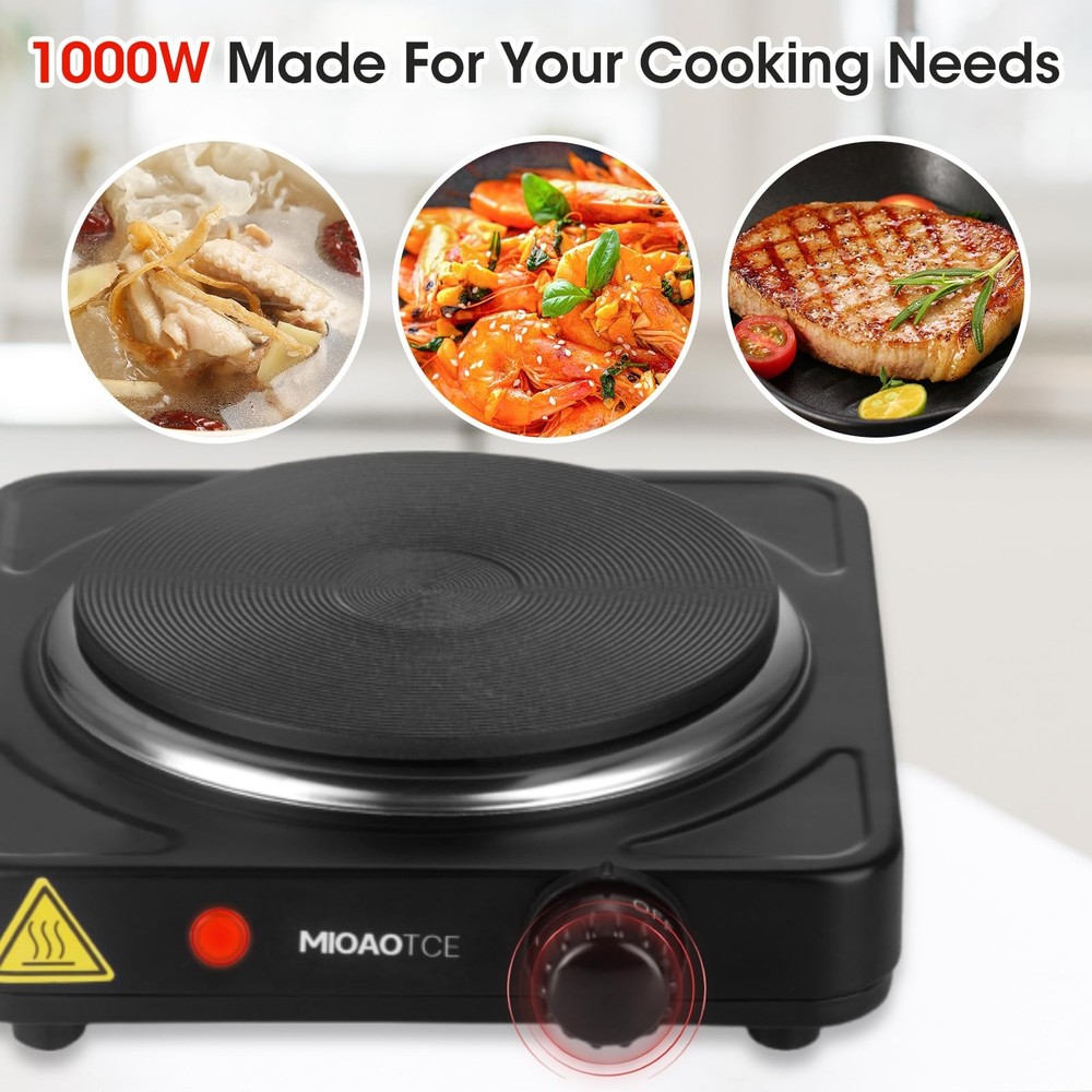 Countertop Single Cast Iron Burner 1000 Watts Hot Plate with Adjustable Tempe...