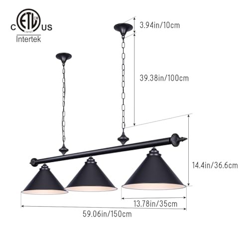 59in Billiard Pool Table Light with Pull Chain Switch on Pendant 3-Light Black