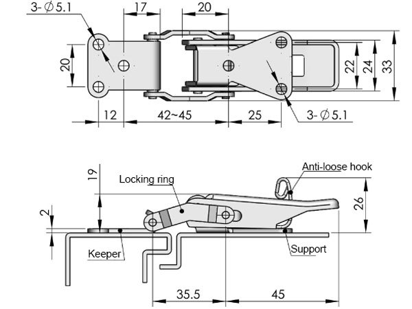 3" Stainless Steel Draw Latch Secondary Catch, with Spring, Toggle Latch