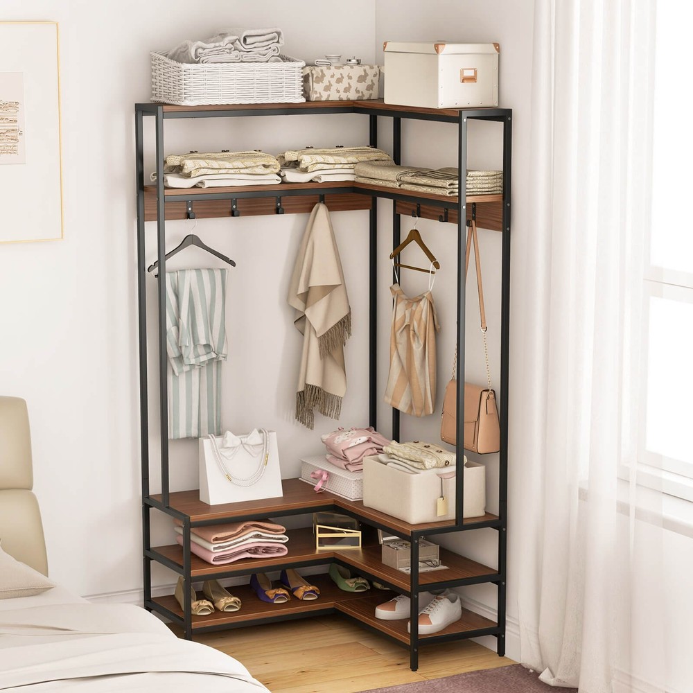 Corner Garment Rack w/ Open Shelves & 7 Hooks Shoe Bench Solid Metal Frame