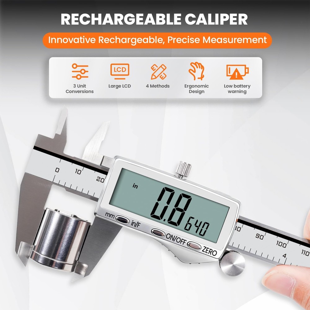 Digital Caliper, Rechargeable Calipers with Large LCD Screen, Stainless Steel...