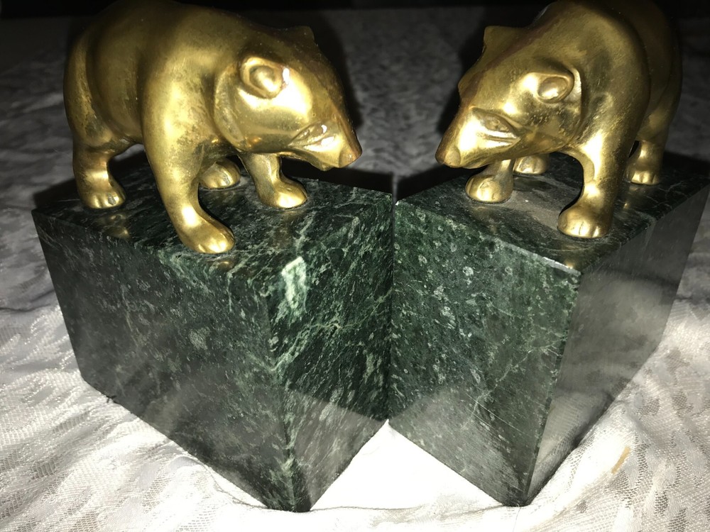 Vintage 2/Pair SOLID BRASS Polar BROWN Black BEAR Cub MARBLE Base BOOKENDS 6½" T