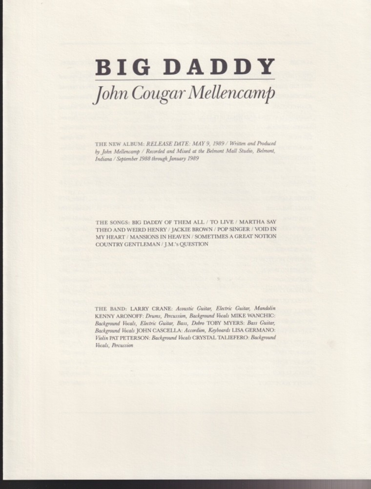 John cougar mellencamp big daddy press kit 1989