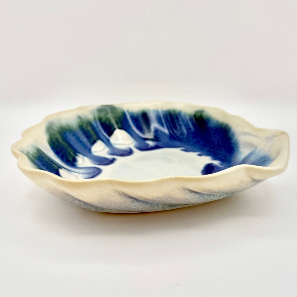 Studio Pottery Shell Dish – Signed SRP, Blue Green Drip Glaze, Handmade Ceramic