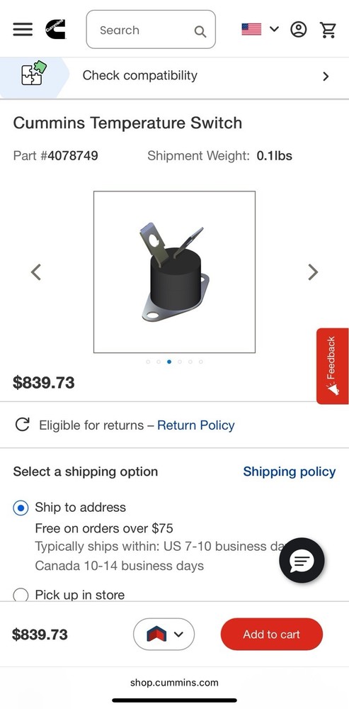 4078749 Temperature Switch Cummins Kit For Exhaust Elbow