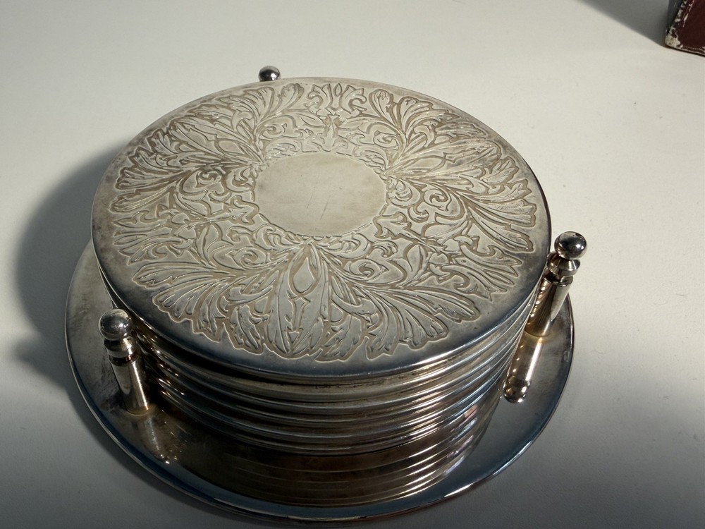 7 Pieces Coaster Set Silver Plated Deeply Engraved Design Boxed Vintage