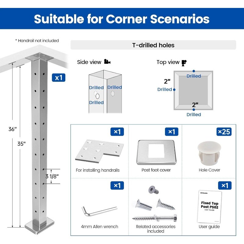 Corner Cable Railing Post T-drilled One-Post Corner Solution Surface Mount