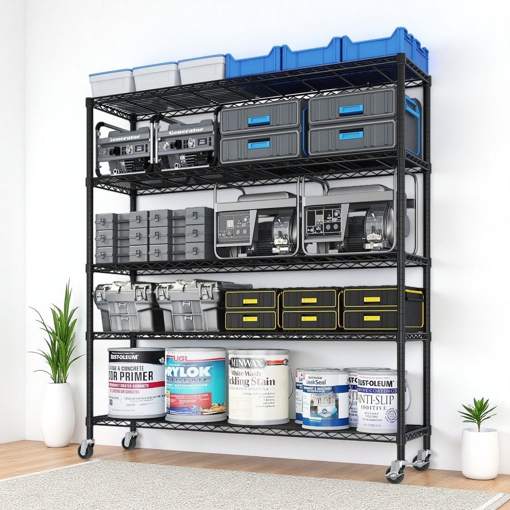 5-Tier Rolling Shelving Unit - Modular, Heavy Duty, Adjustable, Metal & Black