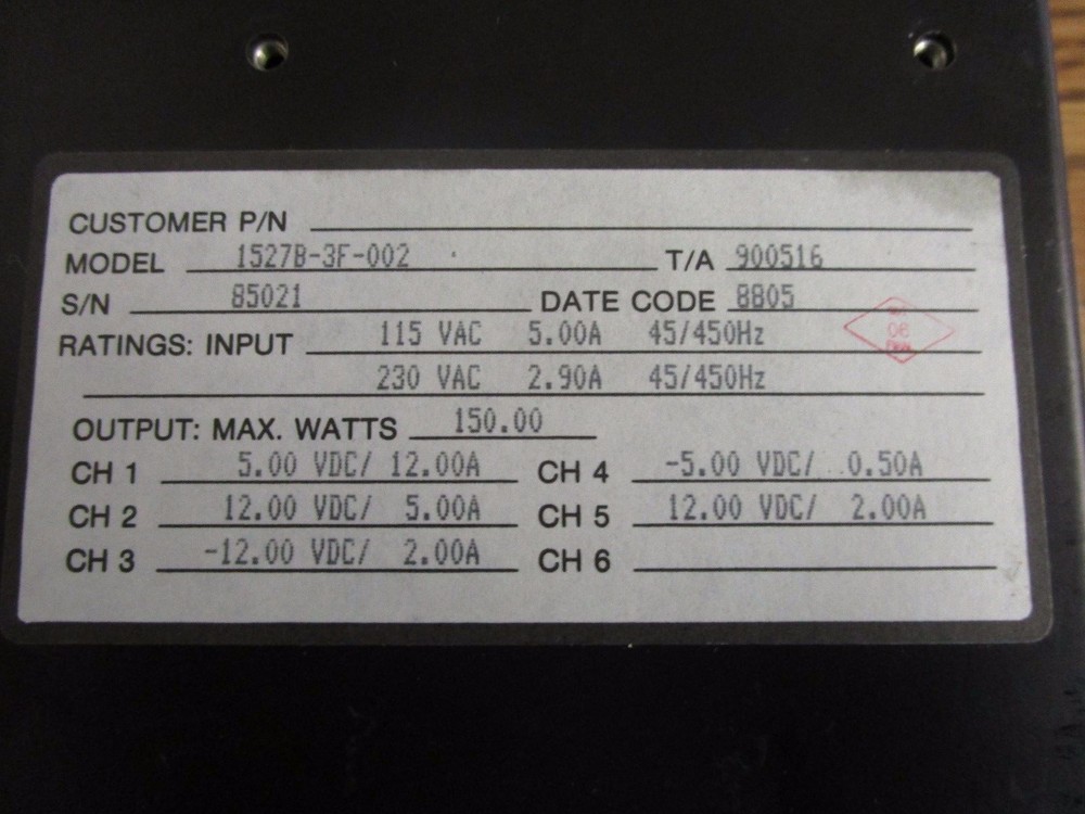 Qualidyne Model: 1527B-3F-002 Power Supply. .