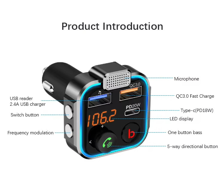 Bluetooth 5.0 Car Wireless FM Transmitter Adapter 2USB PD Charger AUX Hands-Free
