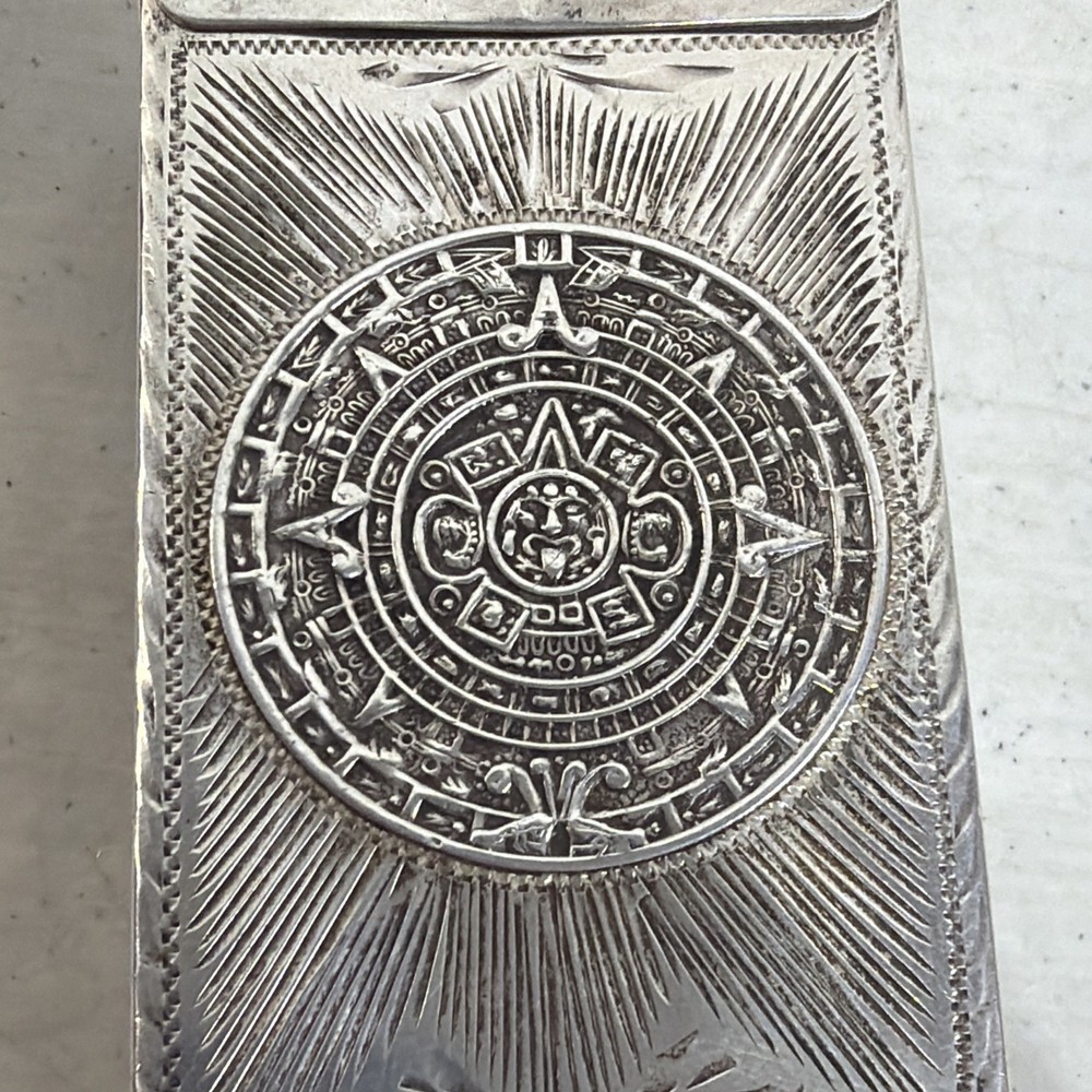 Sterling Silver Matchbox Cover With Aztec Sundial Engraving