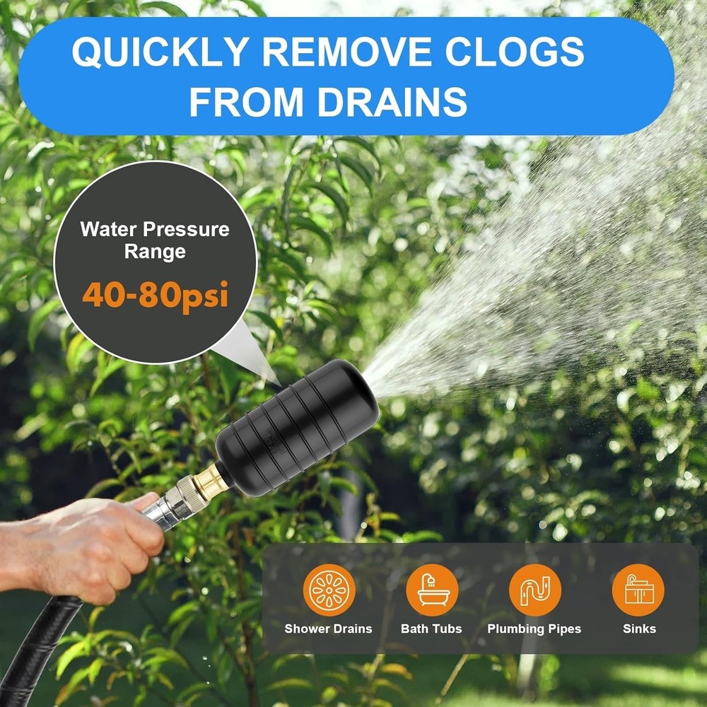 Water-Powered Drain Bladder Unclogs Main Sewer Line 1-6in Bathroom Pipe