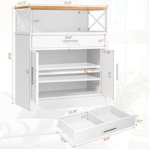 Kitchen Buffet Cabinet with Adjustable Shelf, Modern Kitchen 37.6"H New White