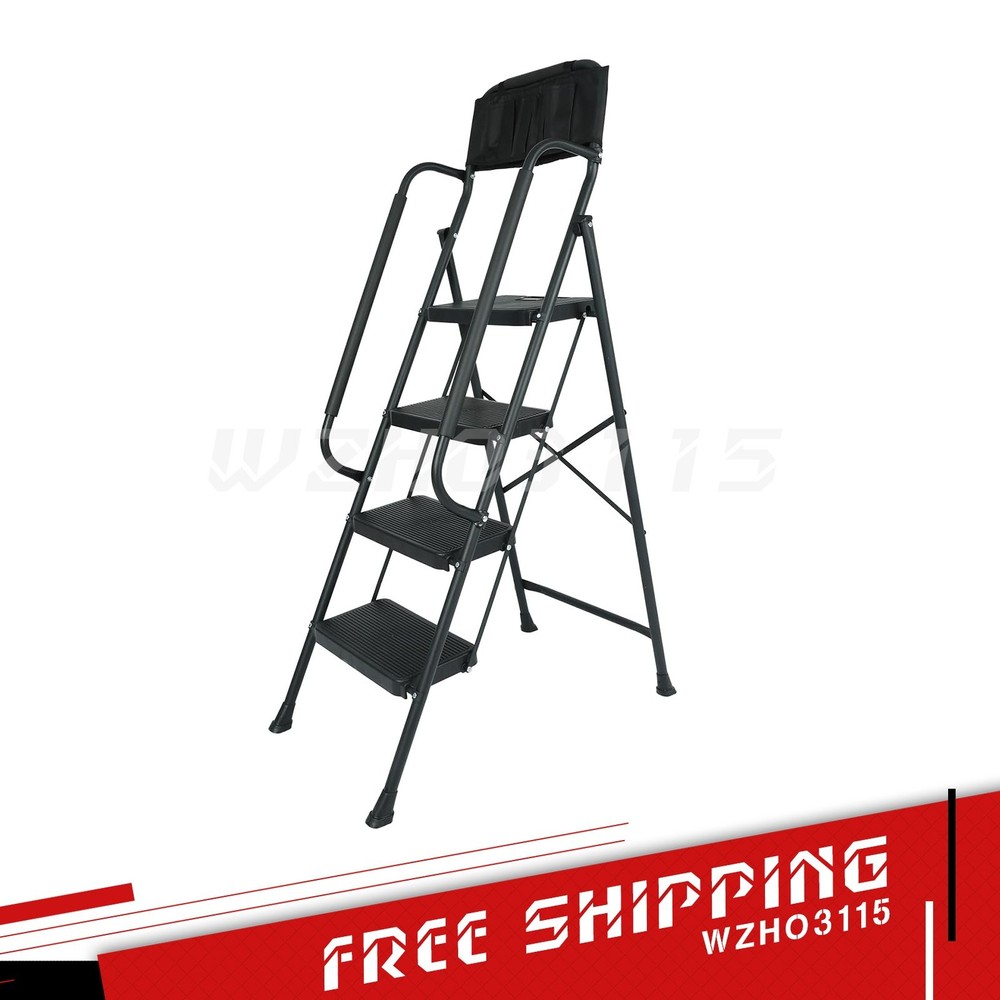 4 Step Ladder+Handrails & Attachable Tool Bag, Folding Step Stool Ladder 330 lbs