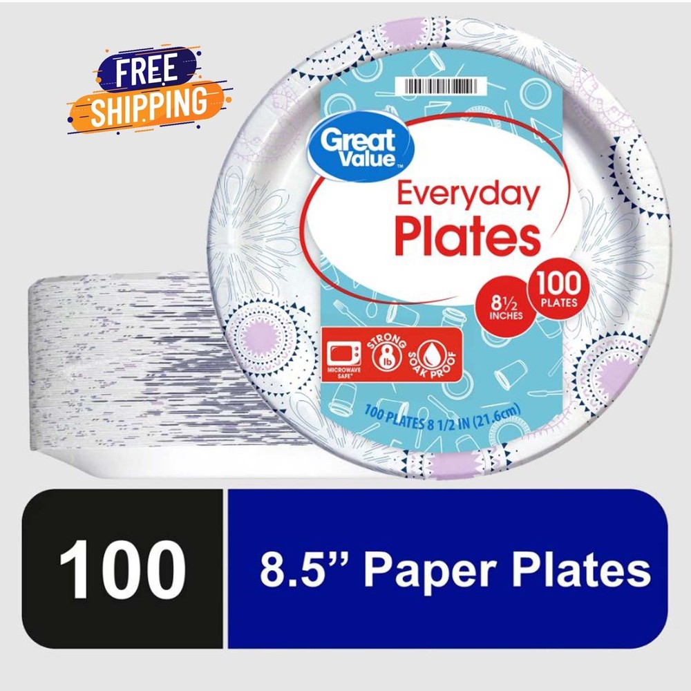 Great Value 8.5" Everyday Disposable Paper Plates, 100 Count