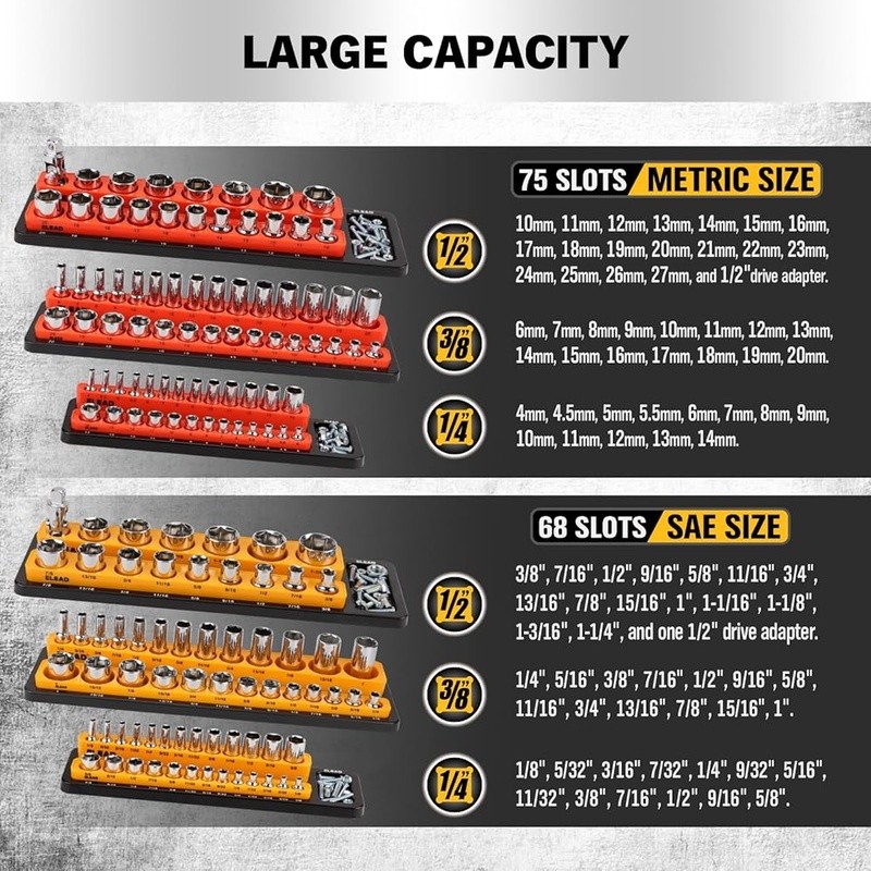 Magnetic Socket Organizer Set 3 Large Metric SAE Holders Tool Storage Solution
