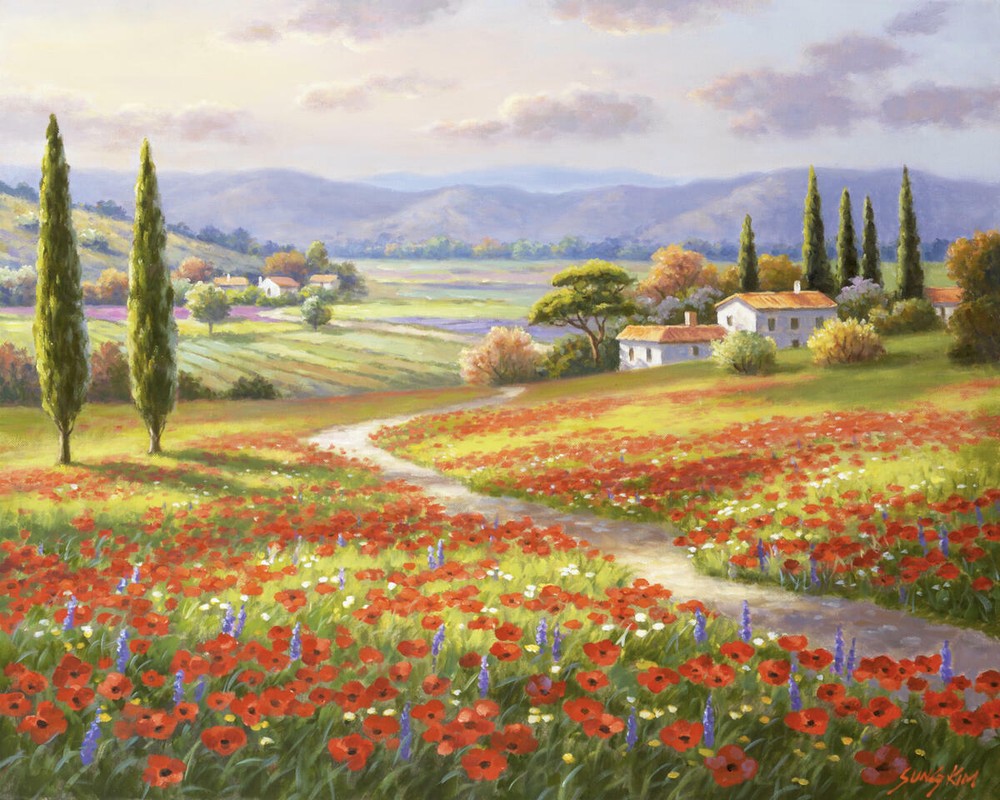 Ceramic Tile Mural Kitchen Backsplash - Poppy Fields-SK - Tuscan Landscape