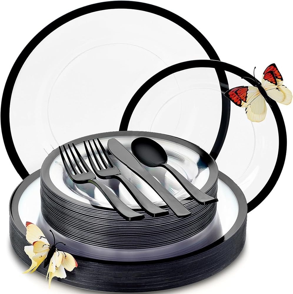 HEAVYWEIGHT Clear and Bla Plastic Plates and Utensils Set |